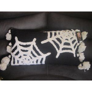 Cynthia Rowley Curious Halloween ~ Chenille ~ Spider Webs Pillow w Tassels B&W